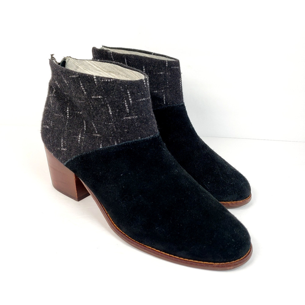 Toms Leila Womens Size 12 Black Suede Wool 2.5" Heel Ankle Booties Shoes 740616
